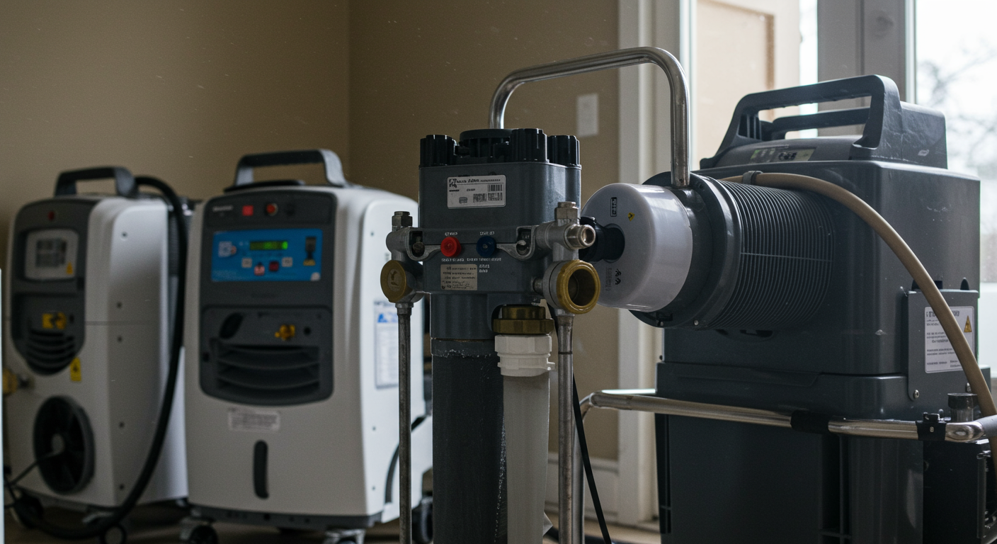 A close-up of high-tech water restoration equipment, such as industrial dehumidifiers and air movers, set up in a home environment. This showcases the tools used in the restoration process.