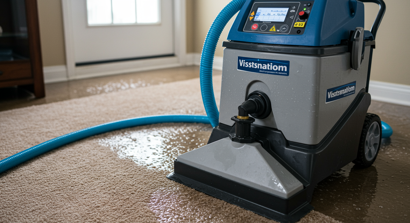A professional-grade water extraction machine in a residential setting, with water being extracted from carpets.
