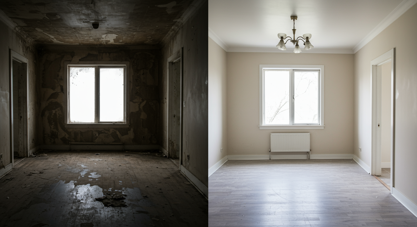 A before-and-after comparison of a water-damaged room that has been fully restored, showcasing the transformation.