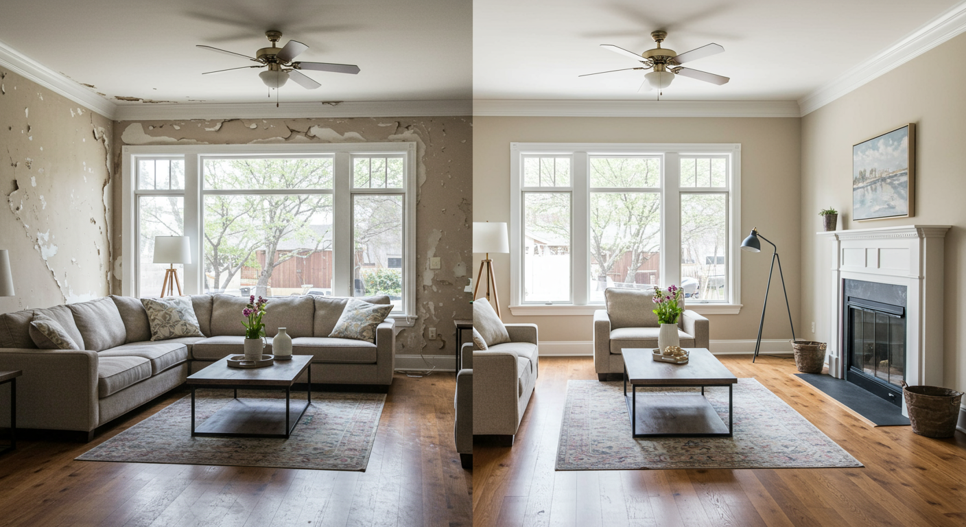 A before-and-after comparison image showing a living room that has undergone water damage restoration, with the left side depicting the damage and the right side showing the restored space.