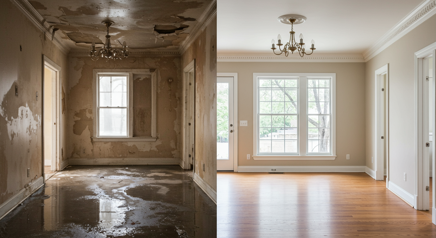 A split image showing a water-damaged room on one side and the fully restored room on the other. The transformation highlights the effectiveness of restoration services.