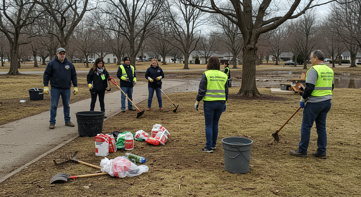 A group of volunteers from a local restoration company working together to clean up a community park affected by flooding.