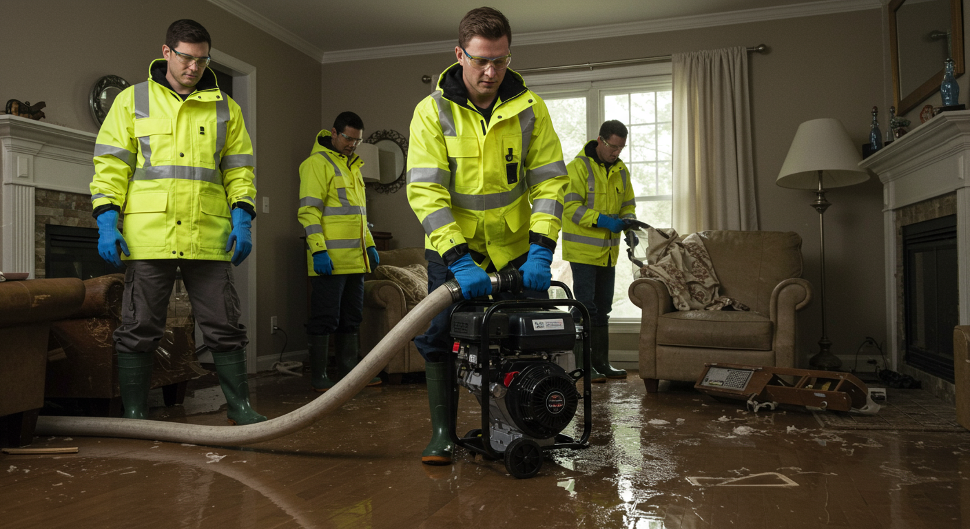 A professional water damage restoration team in action, wearing safety gear, assessing a flooded living room with water extraction equipment.