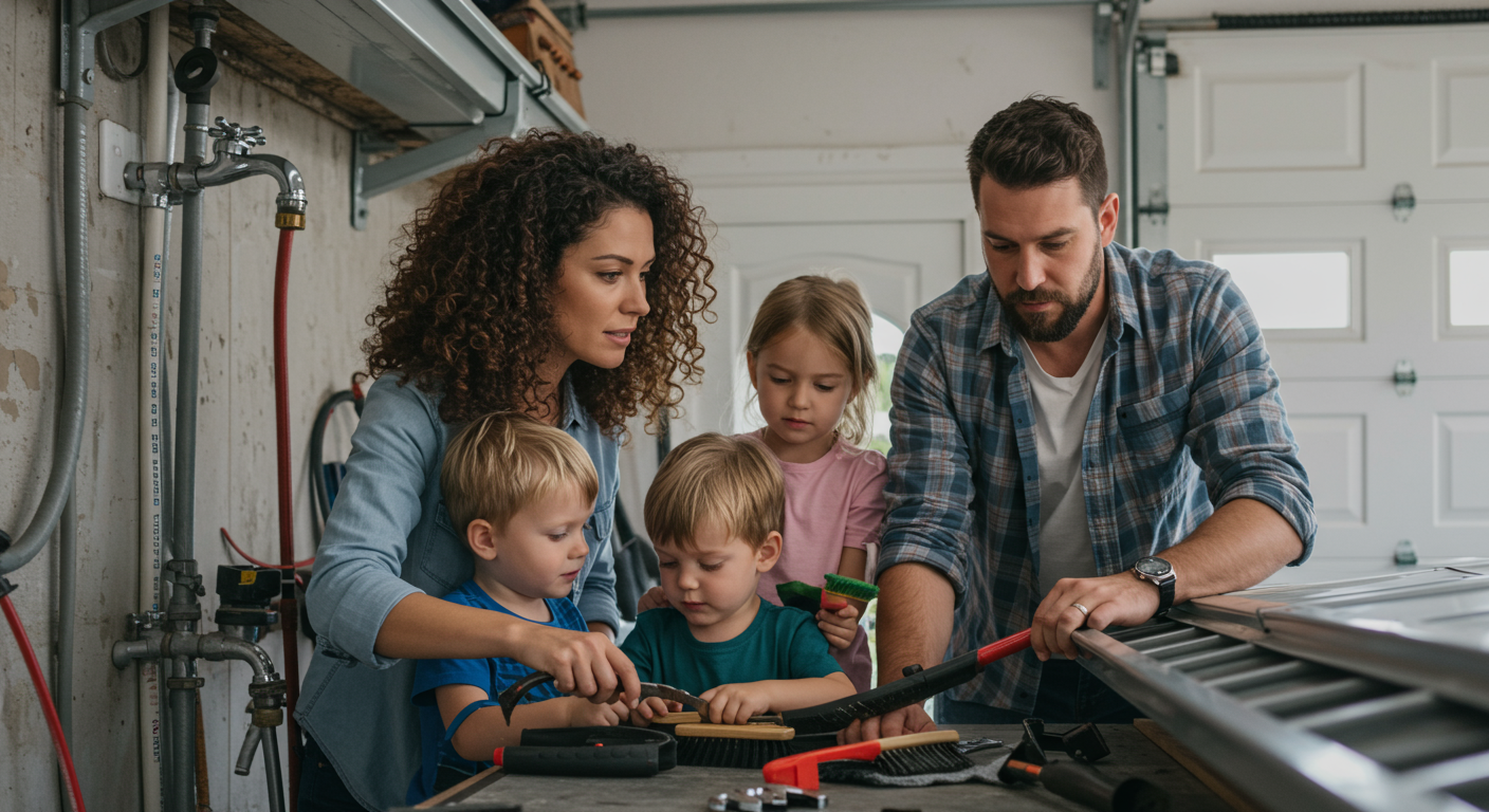 A family engaging in preventative measures, such as inspecting their home’s plumbing and checking gutters together, showcasing teamwork in home maintenance.