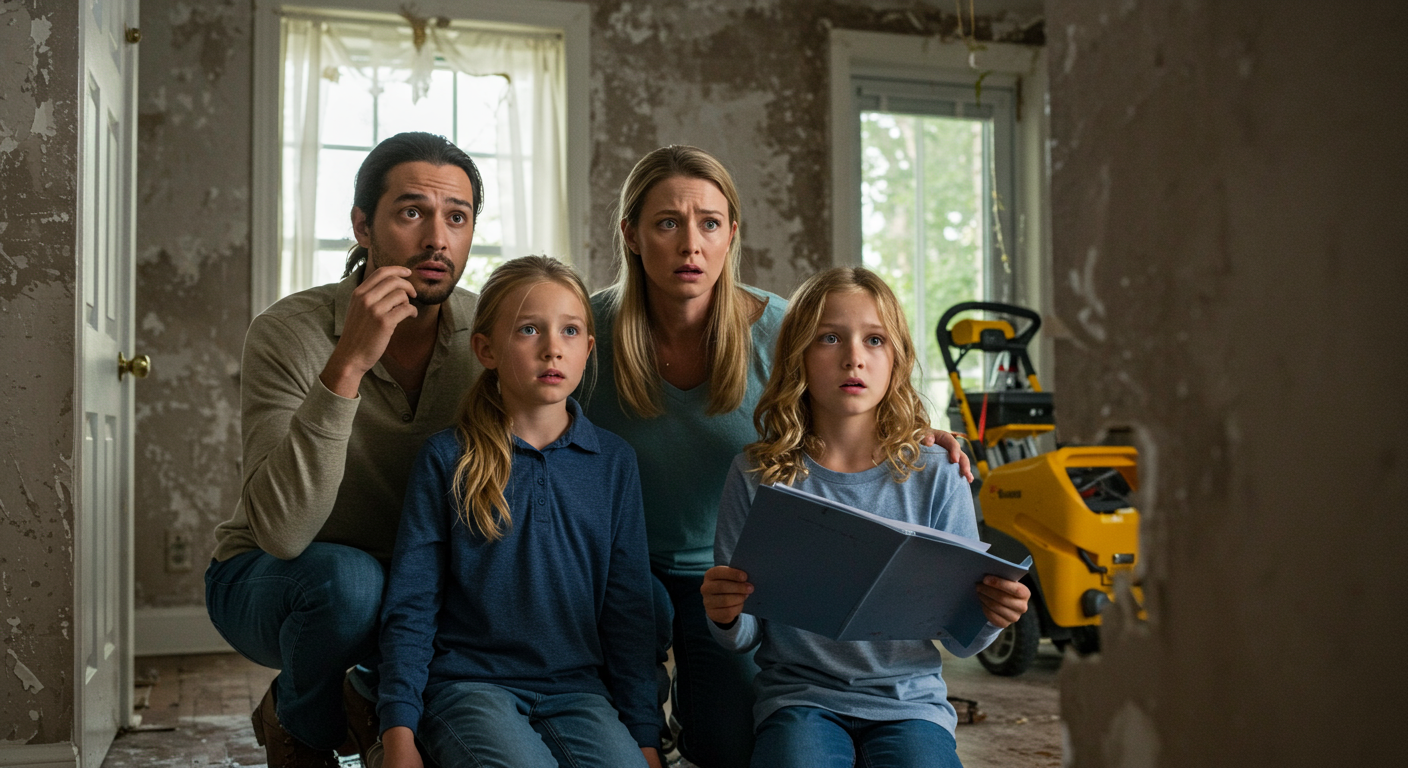 A family inspecting their home after water damage, with a focus on their worried expressions. The background shows a water-damaged wall and restoration equipment.