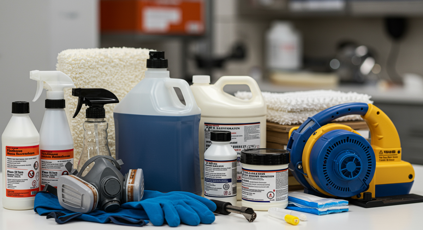 A close-up shot of essential fire restoration supplies, including cleaning agents, protective gear, and restoration tools, arranged aesthetically.