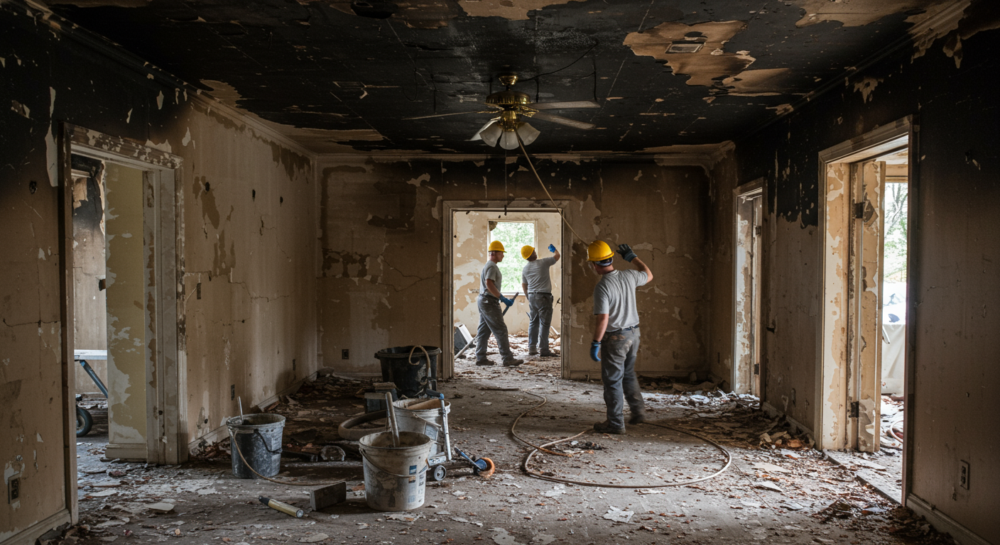 An interior view of a home undergoing restoration after fire damage, with workers cleaning soot from walls and removing debris. This image highlights the detailed restoration process.