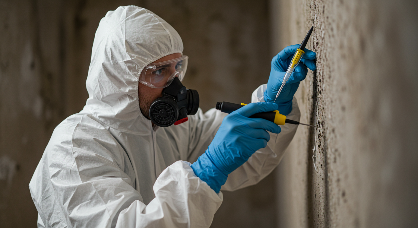 Close-up of a technician in protective gear inspecting a wall for mold during the remediation process.