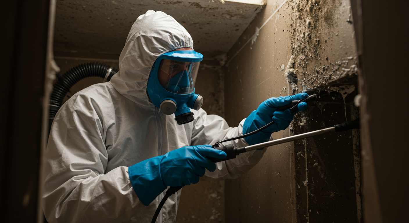A close-up of a restoration technician wearing protective gear, inspecting and treating mold in a damp area of a home. The image captures the seriousness of mold remediation and the expertise of the technician.