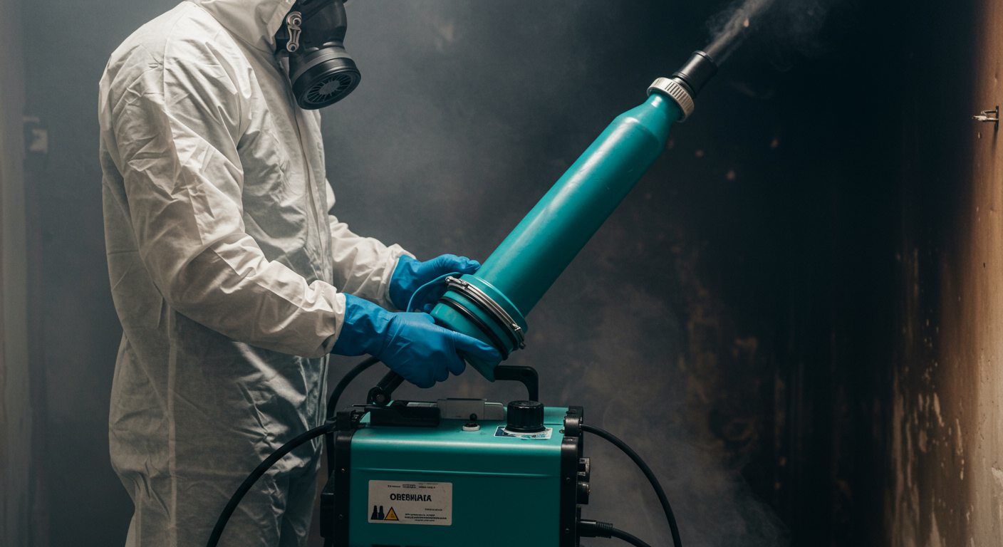 A technician is using an ozone generator in a smoke-affected room, with visible smoke particles in the air. The focus is on the equipment and the technician's careful handling.
