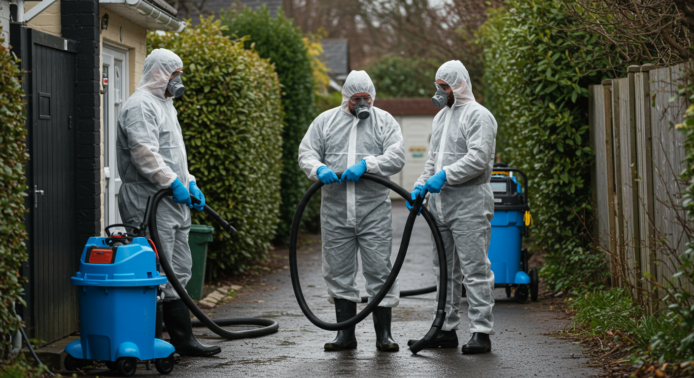 A professional team in protective gear actively engaged in sewage cleanup. They are using high-powered vacuums and other specialized equipment to remove contaminated water from a residential area.