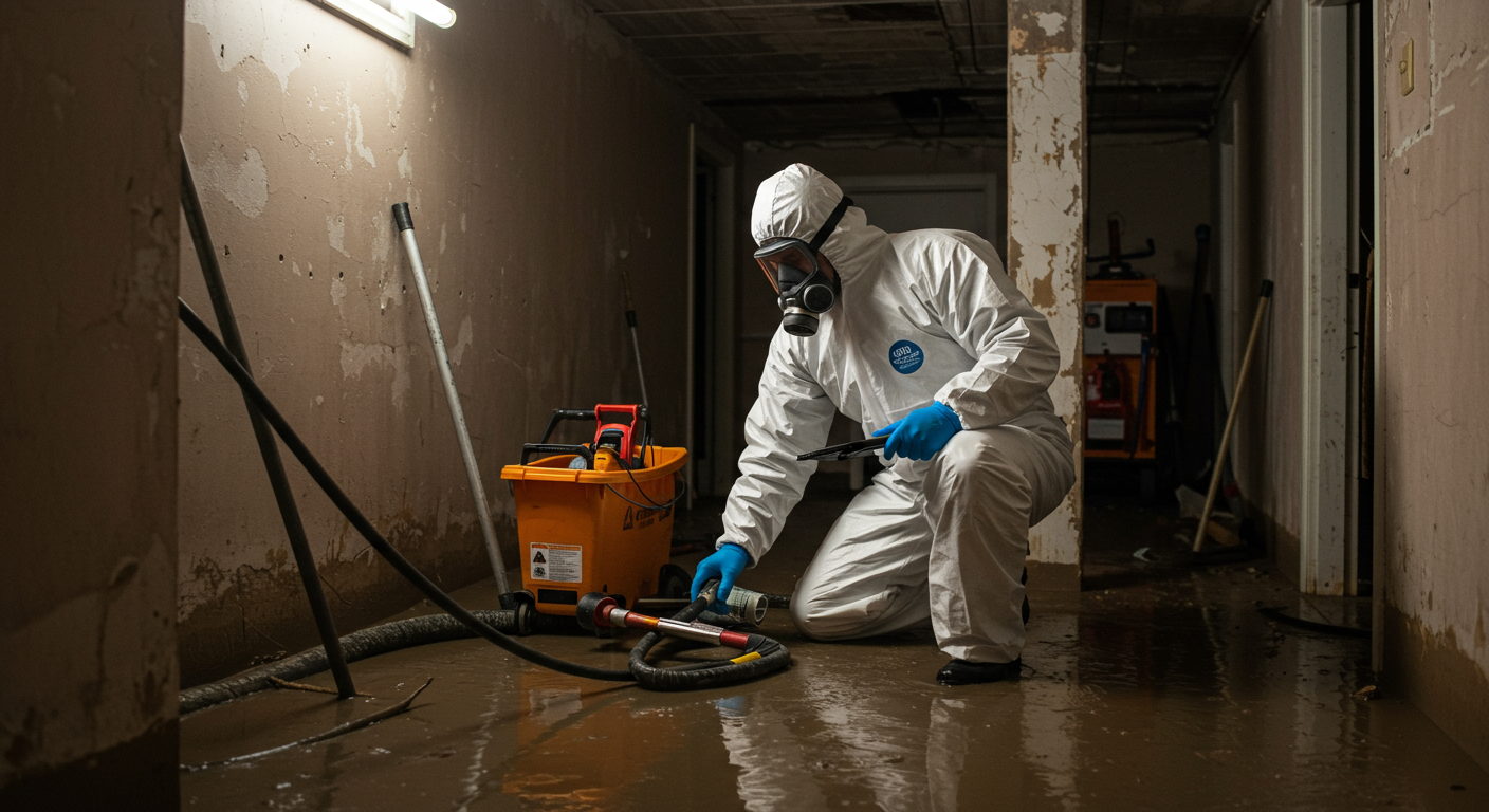 A professional restoration technician in protective gear inspecting a flooded basement with sewage water. The technician is focused on assessing the damage, with tools and equipment visible around.