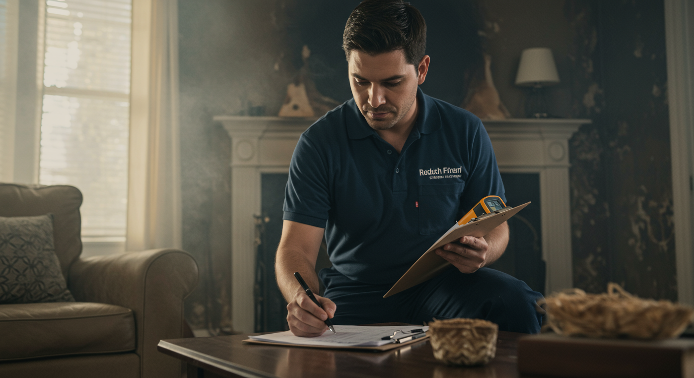 A technician assessing smoke damage in a residential home, taking notes and using a moisture meter.