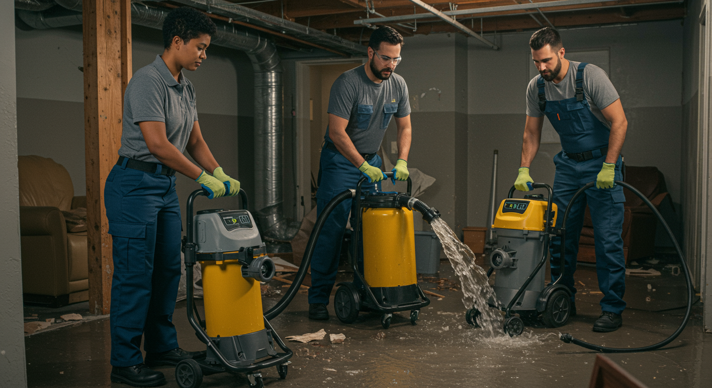 A team of certified technicians working together to remove water from a flooded area using advanced equipment.