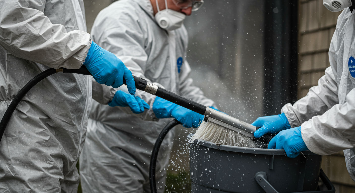 Technicians in protective gear using advanced cleaning equipment to remove water and soot from a residential property.