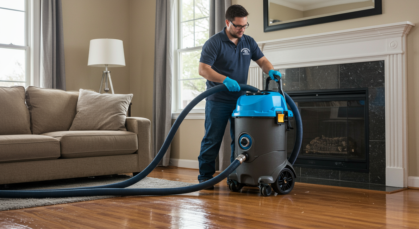 A professional water damage restoration technician in action, using advanced equipment to extract water from a flooded living room. The technician is focused and determined, showcasing the urgency of the situation.