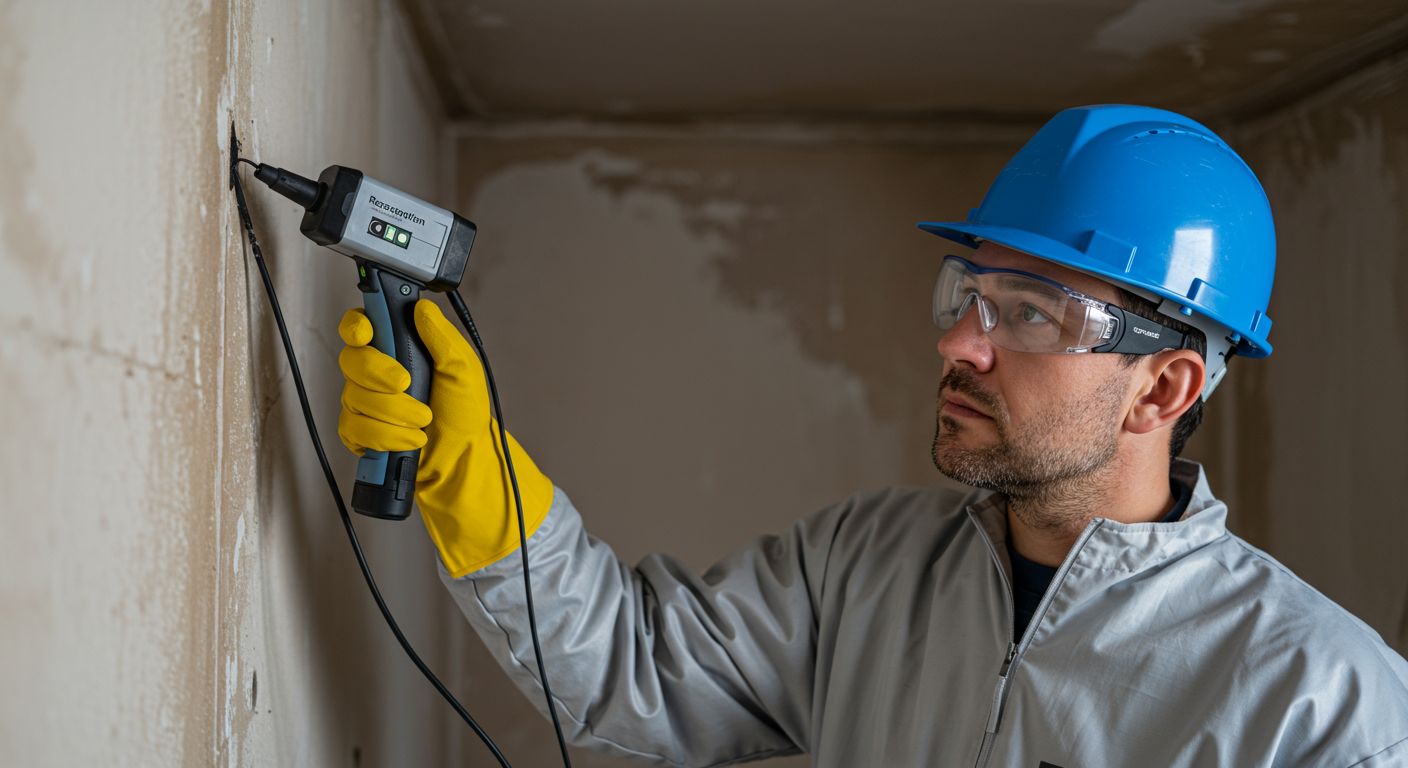 A close-up shot of a restoration expert inspecting water-damaged walls with moisture detection equipment, showing a focused and serious expression.