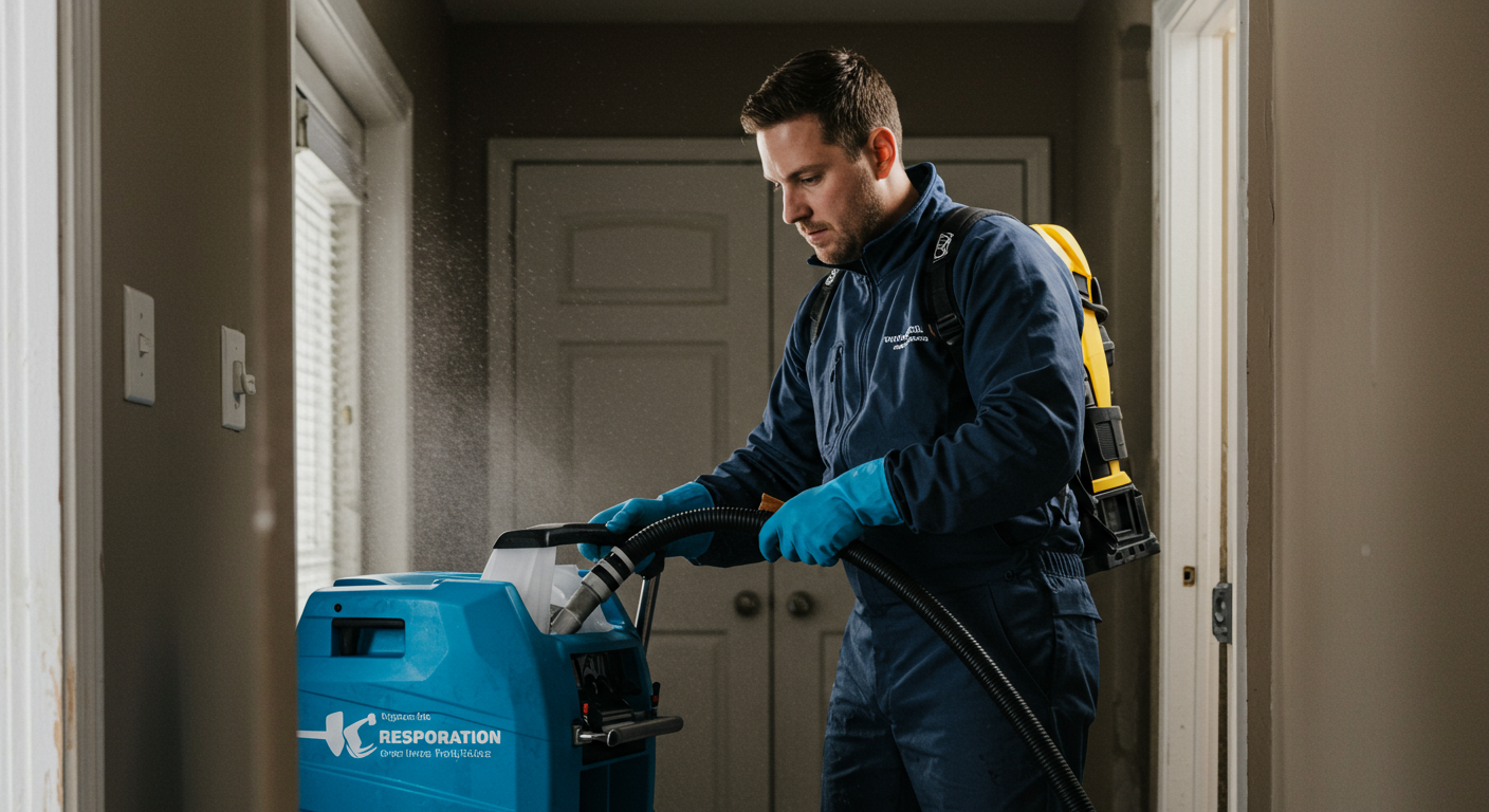 A professional restoration technician in action, using advanced equipment to clean up water damage in a residential home. The technician is focused and determined, showcasing expertise and professionalism.