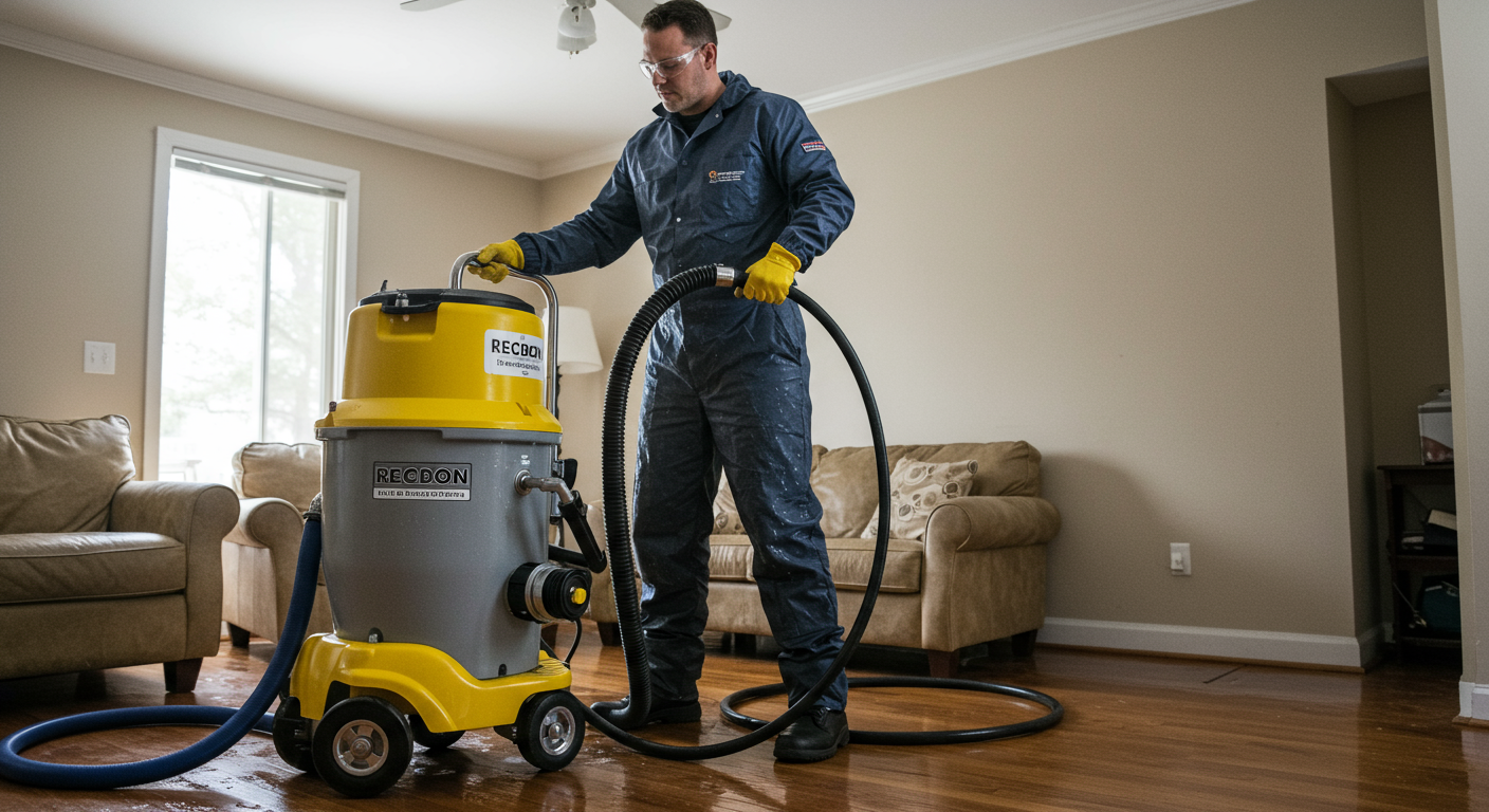 A professional restoration technician in action, using specialized equipment to extract water from a flooded living room. The focus is on the technician's concentration and expertise.