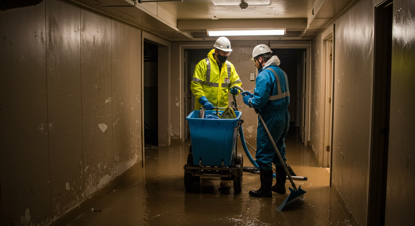 A professional cleanup crew in action, wearing safety gear, removing water from a flooded basement. The scene captures the urgency and professionalism of the cleanup process.