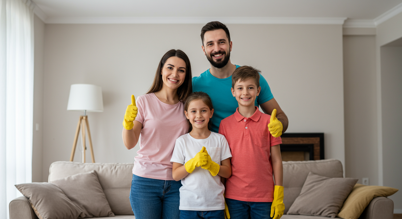 A happy family standing in their restored living room, expressing gratitude towards the cleanup team. They are smiling and giving a thumbs-up.