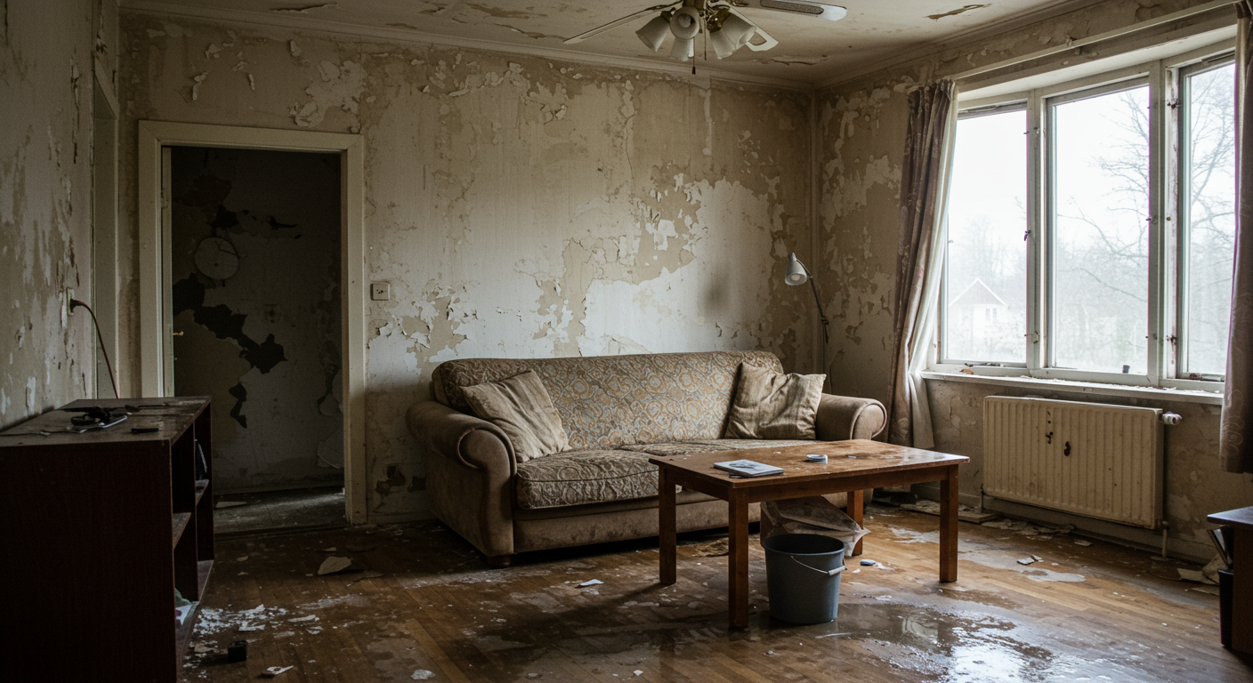 A living room with visible water damage on the walls and floor, showcasing peeling paint and water stains. Furniture is slightly displaced, and a bucket is catching dripping water from the ceiling.
